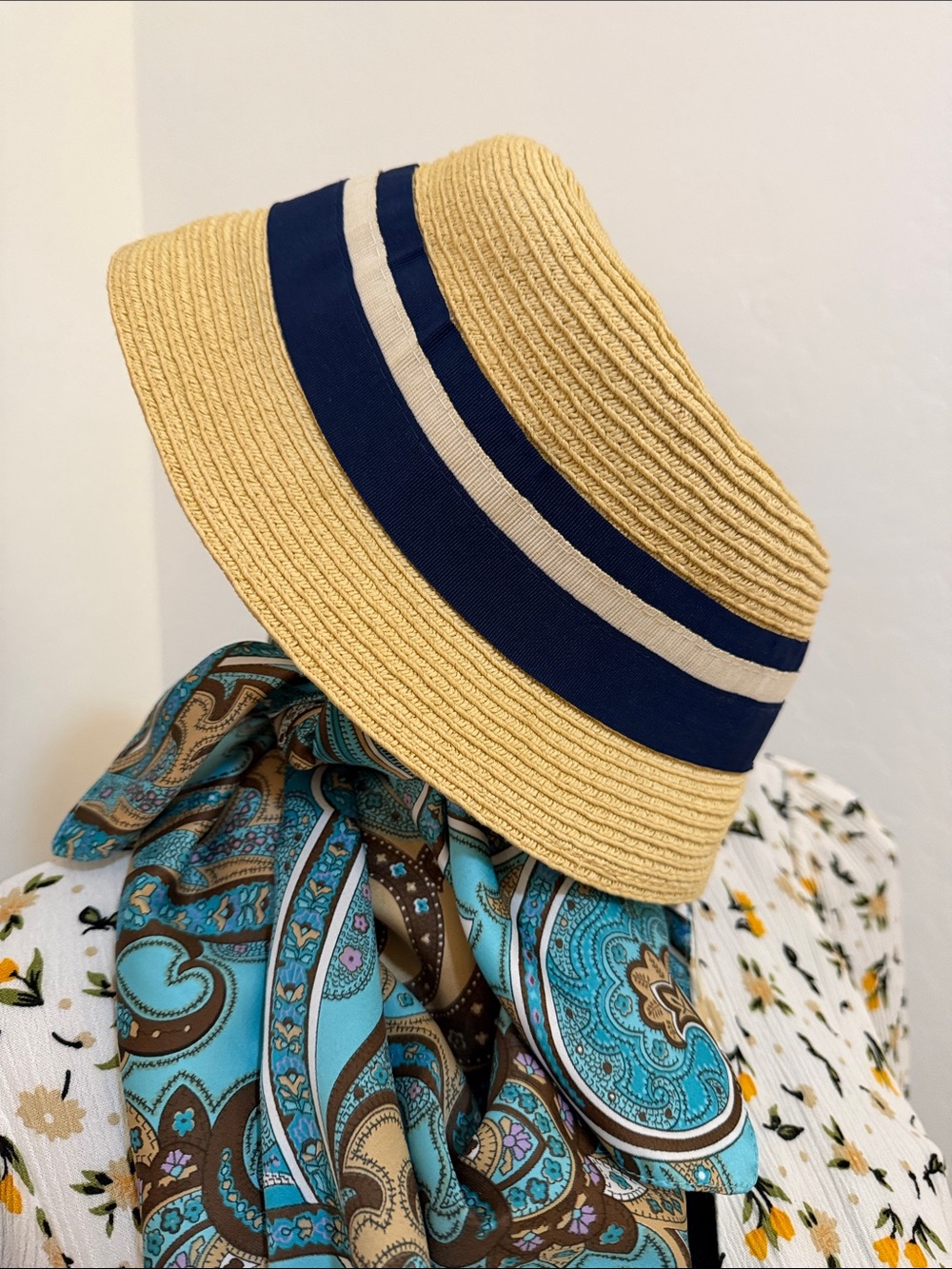 Calvin Klein Natural Straw Sun Hat with Navy and Cream Ribbon